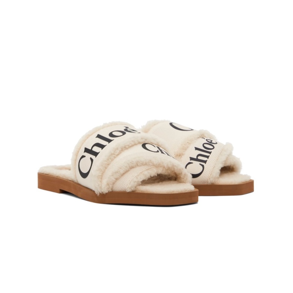 Chloé Woody Shearling-Trim Flat Sandals FULL SET